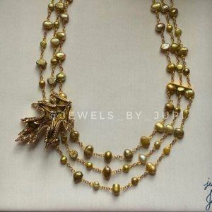 Upcycled Gold Olive-tone Water Pearls With Leaf Brooch Necklace 16”-18”